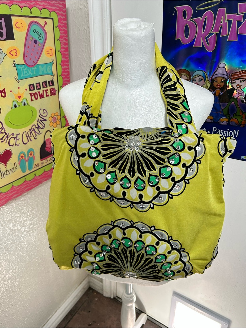 Handmade vintage Yellow Patterned Halter Tote Bag with Gem Accents